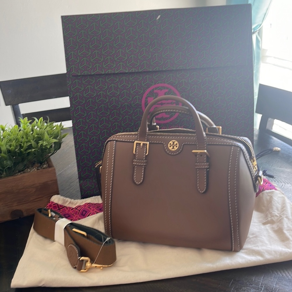 Tory Burch T Monogram Leather Barrel Bag